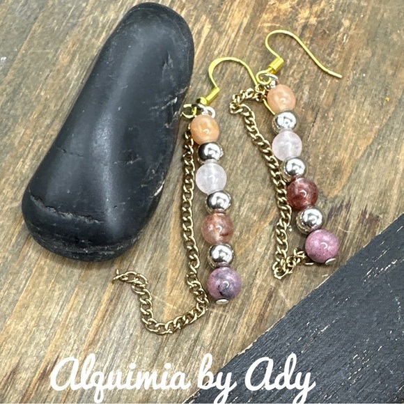 Pink quartz beaded dangle gold  earrings - Picture 1 of 1